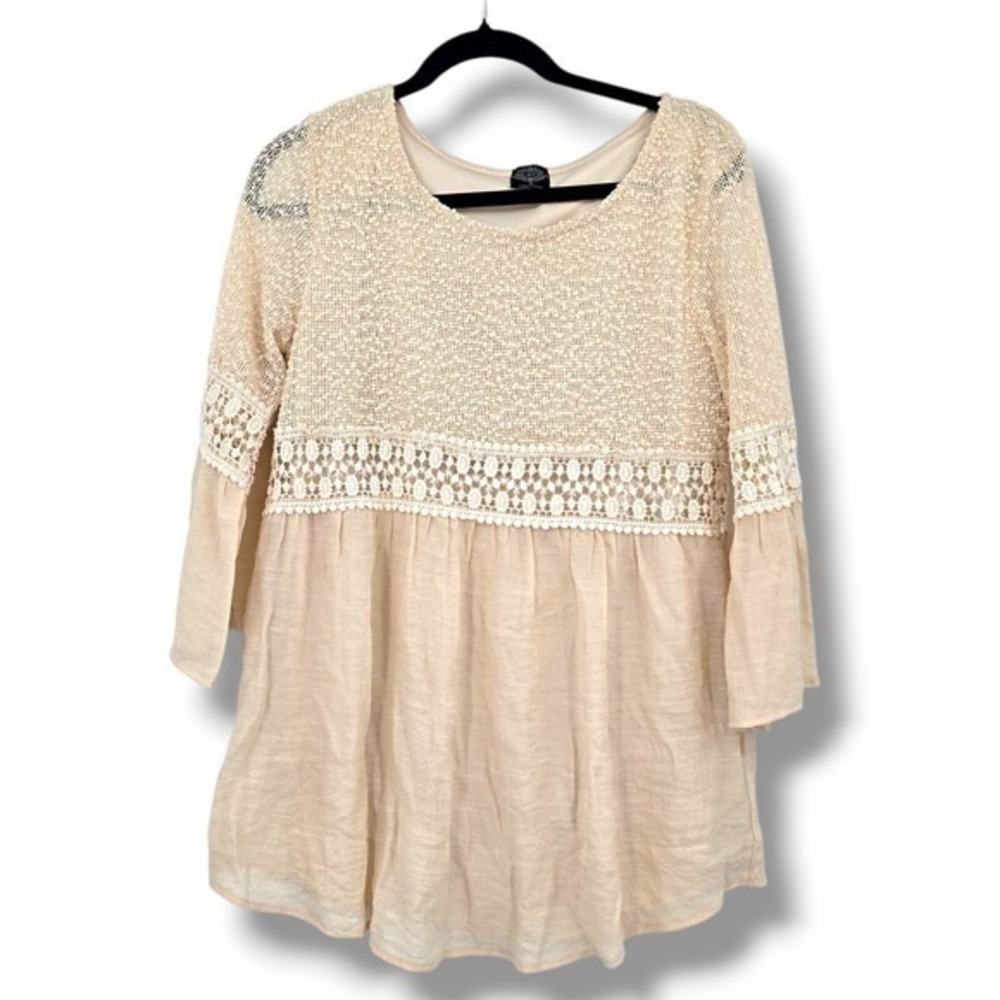 Cal Style Crochet Lace Bohemian‎ Tunic Top 3/4 Sleeve Beige Size S